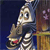 Pixelated character with large eyes and a neutral expression, holding a small object with a red detail against a dark background.