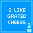Blue square icon with white pixelated text "I LIKE GRATED CHEESE" and a small light blue snowman graphic in the bottom right corner.