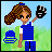 Pixelated cartoon girl in blue striped shirt and white sleeves holding black glove with red cross, standing on green grass under light blue sky.