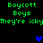 Green pixelated text reads 'Boycott Boys They're icky' on black background with blue hearts appearing and disappearing.