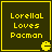Four identical dark green square icons with yellow borders display "LorellaL Loves Pacman" text and a pixelated Pac-Man ghost symbol in the bottom-right corner.