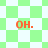 Green and white checkered background with four orange 'OH.' text elements in different positions across the image.