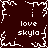 Dark brown background with white pixelated text and abstract shapes; four instances of 'love skyla' text arranged in a pattern with central snowflake-like design