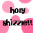 Pixelated text 'holy shizzle!!' repeated over pink polka dots on white background