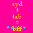 Yellow text 'syd + tab =' on bright pink background with blue and yellow symbols below, show symbol animation