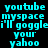 Pixelated cyan text on black background with pink rectangular overlays, displaying repeated phrases including 'youtube', 'myspace', 'i'll goggle', 'your', and 'yahoo' in a