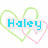 Pixelated icon with 'Haley' text over overlapping green and pink heart outlines on white background.