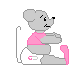 Gray mouse in pink shirt and white diaper sits on a chair, with visible tail and changing facial expressions across frames.