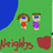 Two pixelated figures stand on a green background with a blue section on the left; one wears red, the other purple, with a red heart and text below.