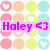 Pixelated grid of pastel circles with heart cutouts and purple text overlay reading 'Haley <3' on a white background.