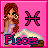 Pixel art of a woman with long brown hair and blue eyes standing beside a pink Pisces symbol on a pink background.