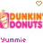 Pixelated animated contact sheet showing two frames of a Dunkin Donuts-themed buddy icon with heart symbols and 'Yummie' text.