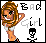 Pixel art of a woman with long brown hair, green eyes, and a white crop top, standing with one hand behind her head, next to 'Bad Girl' text and a skull symbol.