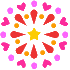 A contact sheet of six animated frames showing a fireworks-like pattern with yellow stars, red teardrop shapes, pink hearts, and orange circles on a gray background.