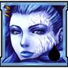 A digital portrait of a blue-skinned figure with white facial markings, orange hair accessories, and a black teardrop shape on the left side transitioning to light blue on the right.