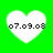 Four white heart shapes on a bright green background, each containing the text '07.09.08' in black pixelated font.