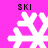 Four white pixelated snowflakes on a bright pink background, each with 'SKI' text above them in black block letters.
