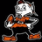 Pixelated cartoon character with white face, gray body, orange bow tie, and orange shoes, standing against black background.