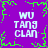 Purple background with green pixelated border and four identical white text blocks reading "WU TANG CLAN" arranged in a