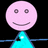 Pixelated pink smiley face with blue triangular body on black background, surrounded by green with white text