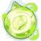 Four green circular icons with light blue outlines and swirling patterns, arranged in a on gray background