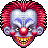 Pixel art of a clown face with red hair, white and blue makeup, a red nose, and yellow teeth against a gray background.