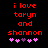 Red pixelated text reads 'i love taryn and shannon' above five pink/purple hearts on black background, with animation changing heart colors.