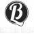 Black circular icon with white stylized letter B centered on a pixelated gray and white background.