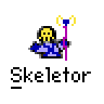 Pixel art contact sheet showing two frames of a Skeletor-themed animated buddy icon with purple text branding and gray background.