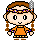 A 4-frame pixel art animation of a cartoon character with brown braided hair, an orange dress, and feather headband in various poses and expressions on a gray background.