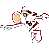 Pixelated figure in dynamic pose with outstretched limbs, featuring a large circular orange-yellow element on the left side and multicolored pixel clusters across the body against a gray background.