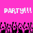 Pixelated pink background with white text reading "PARTY!!! PARTY!!!" above a of black and pink pixelated figures with raised hands