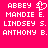 Static pixel art displays four names in white block letters on a bright pink background, with one name accompanied by a small heart-shaped symbol.
