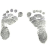 Gray footprints on white background with blue and purple text overlays changing across frames.