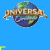 identical Universal Pictures globe icons on a blue background, with scattered yellow text fragments and pink heart shapes