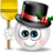 Pixelated snowman icon with blue eyes, pink cheeks, and a black top hat holding a golden lollipop.