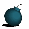 A blue bomb icon with a black shadow transitions through fuse ignition and explosion states, showing yellow sparks on the fuse and orange-yellow-black starburst explosions with red text labels.