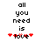 Pixelated text reads 'all you need is love' with red hearts on a white background, showing animation changes in heart colors.