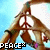 Two hands form a peace sign against a light blue background with white clouds, text "PEACE" at the bottom.