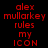 Red pixelated text 'alex mullarkey rules my ICON' displayed across four background variations: black, gray, white, and dark gray.