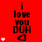 Red background with repeated black text 'i love you DUH' and heart symbols, animated white stars appear in