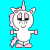 A 6-frame animated contact sheet of a pixelated unicorn character with pink accents on a cyan background, showing subtle expression and pose variations across frames.