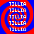 Four identical spiral patterns with red and blue concentric rings, each containing repeated white text "TILLIA" on a solid background.