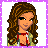 Pixel art buddy icon featuring a cartoon woman with long brown hair and a purple background displaying the name "Sarah" in white text.