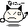 Pixelated white cat-like character with black ears and tail, displaying angry expression ; gray background with Japanese text above
