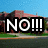 A pixelated image shows a large black rectangular overlay with white text "NO!!!" in front of a blurred building scene with blue sky and green grass.