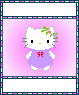 Pixelated white cat with black eyes and yellow nose wears purple dress with red bow, green leafy headband with pink flower on left side.