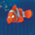 Pixelated orange fish with white stripes against blue background, likely a cartoon character from an animated film.