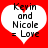 Red background with two white heart shapes containing black text reading "Kevin and Nicole = Love" in pixelated font.