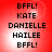 Red background with black pixelated text reading BFFL!, KATE, DANIELLE, HAILEE, BFFL! in vertical alignment.